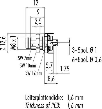 Scale drawing M8 Male panel mount connector, Contacts: 6, shieldable, THT, IP67, UL 2238, M8x1.0, Rear mounting, potted
