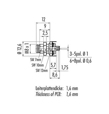 比例图 M8 针头法兰座, 极数: 6, 可接屏蔽, THT, IP67, UL 2238, M8x1.0, 後壁安裝, 模压成型