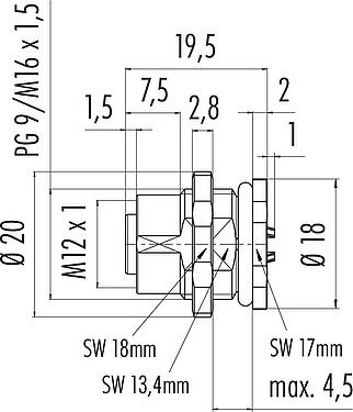 比例图 M12 孔头法兰座, 极数: 5, 非屏蔽, 焊接, IP68, UL 2238, M16x1.5, 後壁安裝