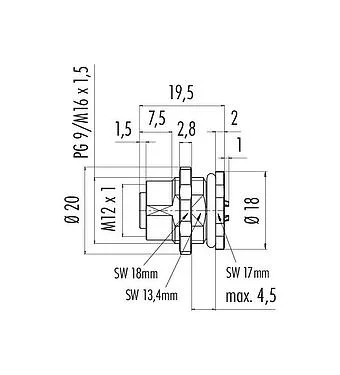 比例图 M12 孔头法兰座, 极数: 4, 非屏蔽, 焊接, IP68, UL 2238, PG 9, 後壁安裝