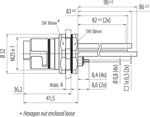 Scale drawing B23 Male panel mount connector, Contacts: 9 (4+PE + 4), THT, IP65/IP67, Rear mounting, ENP: Power pin / Data socket