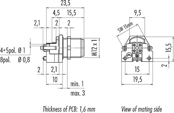 Scale drawing M12 Male panel mount connector, Contacts: 4, unshielded, THR, IP68, UL 2238, M12x1.0, Rear mounting, for PCB assembly, two-part design