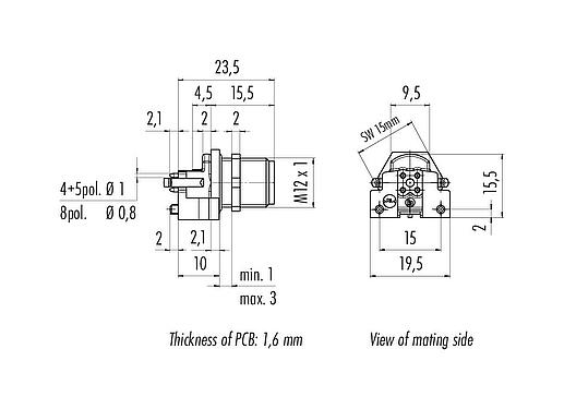 比例图 M12 针头法兰座, 极数: 4, 可接屏蔽, THR, IP68, UL 2238, M12x1.0, 後壁安裝, 用于PCB组装