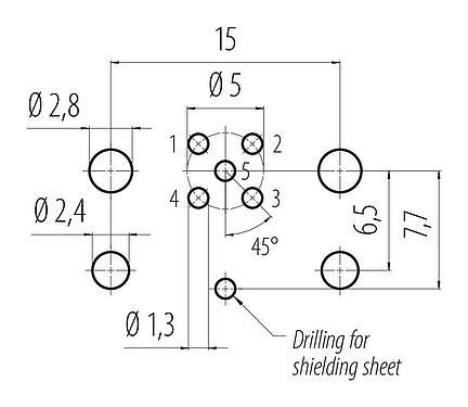导体结构 M12 孔头法兰座, 极数: 5, 可接屏蔽, THR, IP68, UL 2238, M12x1.0, 板前安装, 用于PCB组装