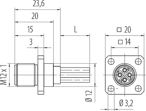 比例图 M12 针头方型法兰座, 极数: 4, 非屏蔽, 带导线, IP40, UL 2238, M3 (4x), 板前安装, 模压成型