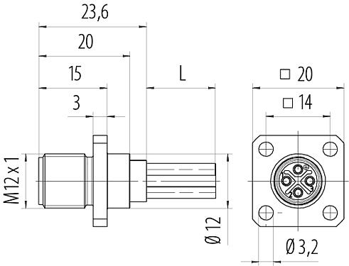 比例图 M12 针头方型法兰座, 极数: 4, 非屏蔽, 带导线, IP40, UL 2238, M3 (4x), 板前安装, 模压成型