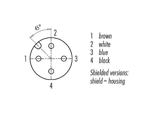 Contact arrangement (Plug-in side) 77 3530 0000 50704-0500 - M12 Female cable connector, Contacts: 4, shielded, moulded on the cable, IP67, UL, PUR, black, 4 x 0.34 mm², 5 m