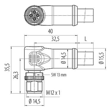 比例图 M12 弯角针头电缆连接器, 极数: 3+PE, 非屏蔽, 预铸电缆, IP68, UL, PUR, 黑色, 4x1.50mm², 2m