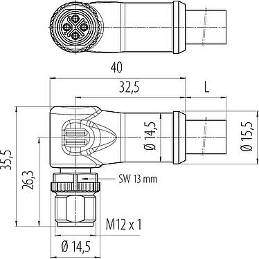 比例图 M12 弯角针头电缆连接器, 极数: 3+PE, 非屏蔽, 预铸电缆, IP68, UL, PUR, 黑色, 4x1.50mm², 2m