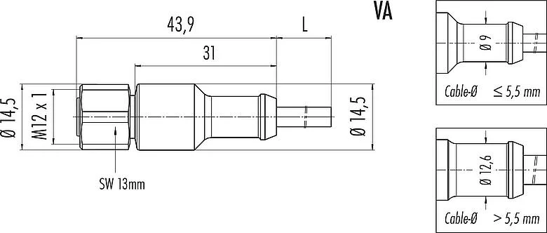 Scale drawing M12 Female cable connector, Contacts: 8, unshielded, moulded on the cable, IP68/IP69K, UL 2238, PUR, black, 8 x 0.25 mm², stainless steel, 5 m