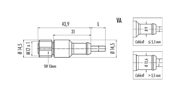 Scale drawing M12 Female cable connector, Contacts: 5, unshielded, moulded on the cable, IP68/IP69K, UL 2238, PUR, black, 5 x 0.34 mm², stainless steel, 5 m