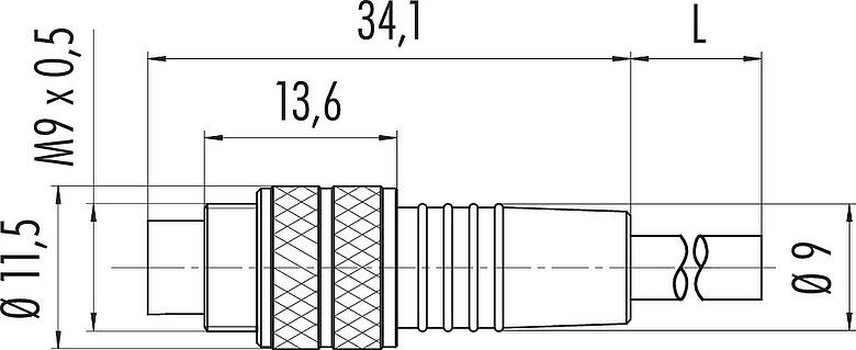 比例图 M9 直头针头电缆连接器, 极数: 3, 非屏蔽, 预铸电缆, IP67, PUR, 黑色, 3x0.25mm², 5m