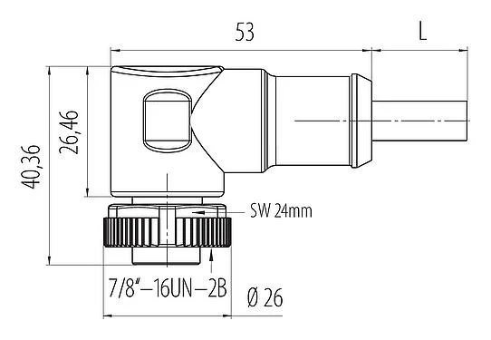 Scale drawing 7/8" Female angled connector, Contacts: 5, unshielded, moulded on the cable, IP68, UL 2238, PUR, black, 5 x 1.50 mm², 5 m
