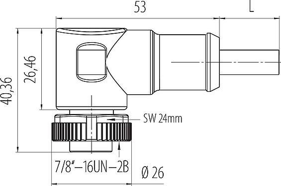 Scale drawing 7/8" Female angled connector, Contacts: 5, unshielded, moulded on the cable, IP68, UL 2238, PUR, black, 5 x 1.50 mm², 5 m