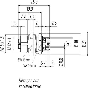 比例图 M12 孔头法兰座, 极数: 8, 可接屏蔽, THT, IP67, UL, M16x1.5, 後壁安裝