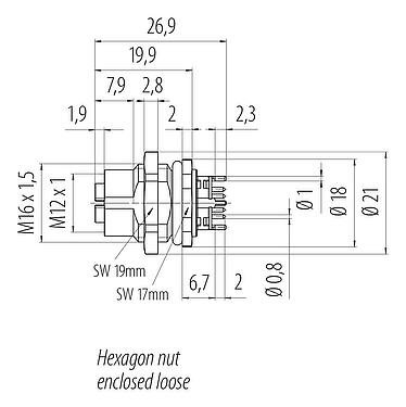 比例图 M12 孔头法兰座, 极数: 8, 可接屏蔽, THT, IP67, UL, M16x1.5, 後壁安裝