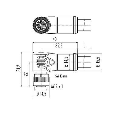 比例图 77 0694 0000 50704-0200 - M12 弯角孔头电缆连接器, 极数: 3+PE, 非屏蔽, 预铸电缆, IP68, PUR, 黑色, 4x1.50mm², 2m