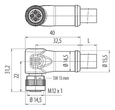 比例图 M12 弯角孔头电缆连接器, 极数: 3+PE, 非屏蔽, 预铸电缆, IP68, UL, PUR, 黑色, 4x1.50mm², 2m