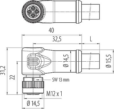 比例图 M12 弯角孔头电缆连接器, 极数: 3+PE, 非屏蔽, 预铸电缆, IP68, UL, PUR, 黑色, 4x1.50mm², 5m