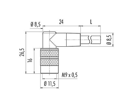 Scale drawing M9 Female angled connector, Contacts: 3, unshielded, moulded on the cable, IP67, PUR, black, 3 x 0.25 mm², 2 m