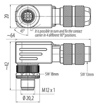 比例图 M12 弯角针头电缆连接器, 极数: 4, 5.0-8.0mm, 可接屏蔽, 压接(压接触点必须单独订购), IP67