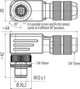 比例图 M12 弯角针头电缆连接器, 极数: 4, 5.0-8.0mm, 可接屏蔽, 压接(压接触点必须单独订购), IP67
