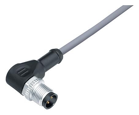 Illustration M12 Male angled connector, Contacts: 3, unshielded, moulded on the cable, IP68/IP69K, UL 2238, PVC, grey, 3 x 0.34 mm², 2 m