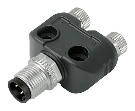 Illustration M12/M8 Twin distributors Y-distributor, male connector - 2 female connector, Contacts: 4/3, unshielded, pluggable, IP68, UL 2238