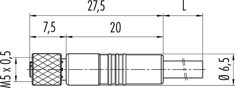 Scale drawing M5 Female cable connector, Contacts: 3, shielded, moulded on the cable, IP67, UL 2238, M5x0.5, PUR, black, 3 x 0.14 mm², 2 m
