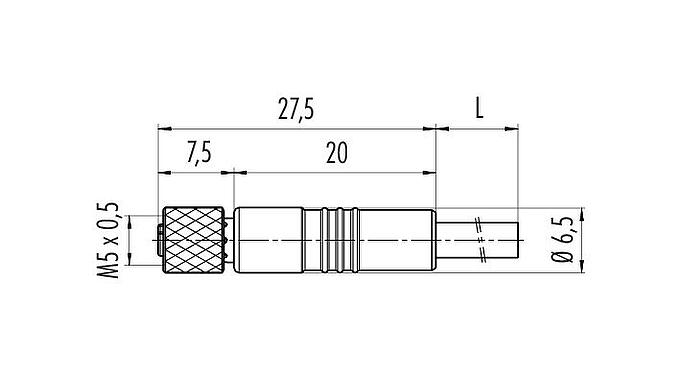 比例图 M5 直头孔头电缆连接器, 极数: 4, 屏蔽, 预铸电缆, IP67, UL 2238, M5x0.5, PUR, 黑色, 4x0.14mm², 5m