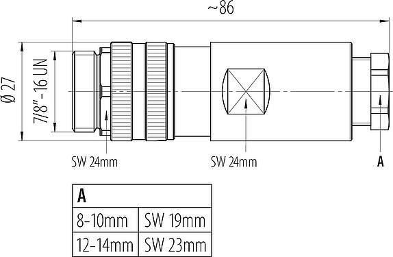 比例图 7/8" 直头针头电缆连接器, 极数: 4+PE, 8.0-10.0mm, 非屏蔽, 螺钉接线, IP67, UL 2238, VDE