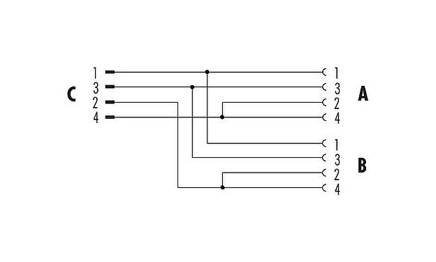 Pin assignment plans M12 Twin distributors, Y-distributor, male connector - 2 female connector, Contacts: 4, unshielded, pluggable, IP68, UL 2238