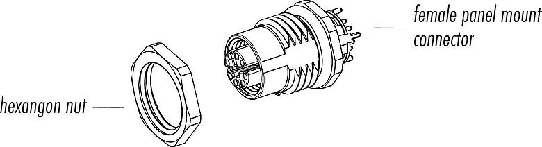 组件图纸 M12 孔头法兰座, 极数: 8, 屏蔽, 法兰座带电缆, IP67, UL, M16x1.5, Ethernet, PUR, 绿色, 4x2xAWG 26/7, 後壁安裝, 0.5m