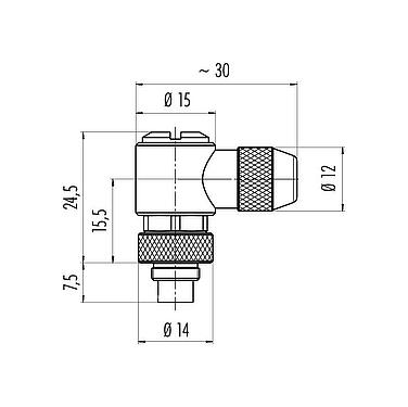比例图 99 0413 75 05 - M9 弯角针头电缆连接器, 极数: 5, 3.5-5.0mm, 可接屏蔽, 焊接, IP67