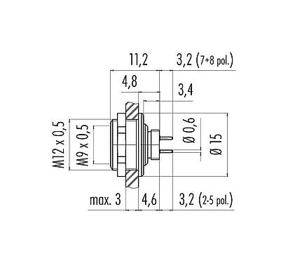 Scale drawing M9 Female panel mount connector, Contacts: 3, unshielded, THT, IP67, M12x0.5, Rear mounting