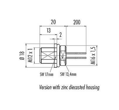 Scale drawing M12 Male panel mount connector, Contacts: 12, unshielded, single wires, IP68, UL 2238, M16x1.5, Front mounting, potted