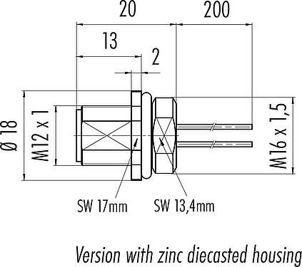 比例图 M12 针头法兰座, 极数: 8, 非屏蔽, 带导线, IP68, UL 2238, M16x1.5, 板前安装