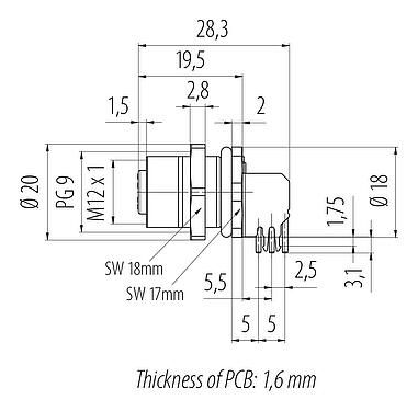 比例图 M12 孔头法兰座, 极数: 4, 可接屏蔽, THT, IP68, UL 2238, PG 9, 後壁安裝, 模压成型
