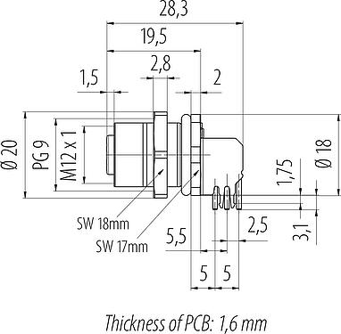 比例图 M12 孔头法兰座, 极数: 5, 可接屏蔽, THT, IP68, UL 2238, PG 9, 後壁安裝, 模压成型