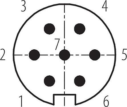 Contact arrangement (Plug-in side) M16 Male angled connector, Contacts: 7 (07-a), 4.0-6.0 mm, shieldable, solder, IP67, UL 2238
