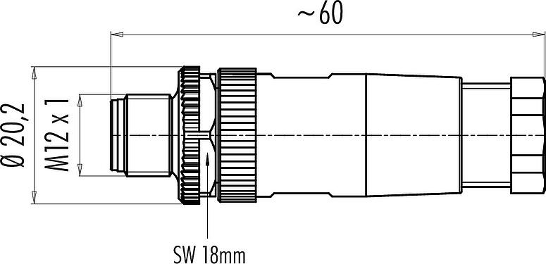 Scale drawing M12 Male cable connector, Contacts: 4, 4.0-6.0 mm, unshielded, screw clamp, IP67, UL 2238