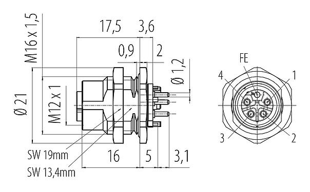 比例图 M12 孔头法兰座, 极数: 4+FE, 非屏蔽, THR, IP67, UL 2238, M16x1.5, 後壁安裝