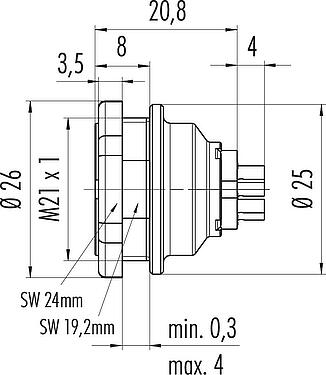 比例图 Push Pull 孔头法兰座, 极数: 8, 可接屏蔽, 焊接, IP67, M21x1,0, 後壁安裝