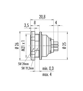 Scale drawing Push Pull Female panel mount connector, Contacts: 8, shieldable, solder, IP67, M21x1,0, Rear mounting