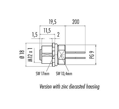 比例图 M12 孔头法兰座, 极数: 5, 非屏蔽, 带导线, IP68, UL 2238, PG 9, 板前安装