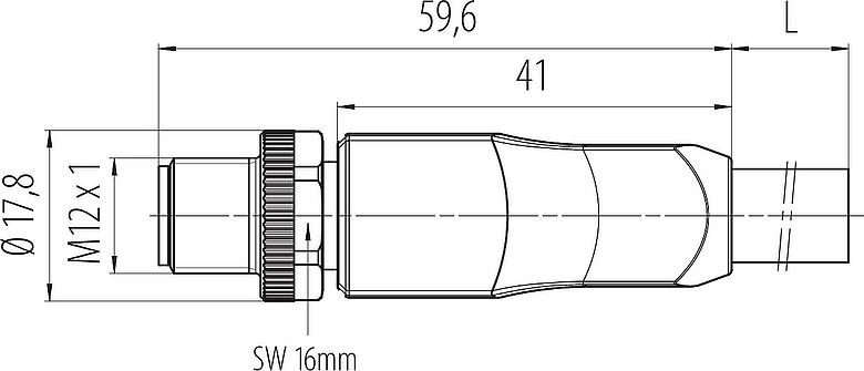 比例图 M12 直头针头电缆连接器, 极数: 4+PE, 非屏蔽, 预铸电缆, IP68, UL 2238, PUR, 黑色, 5x2.50mm², 2m