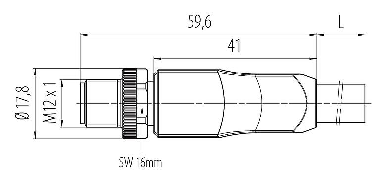 比例图 M12 直头针头电缆连接器, 极数: 4+PE, 非屏蔽, 预铸电缆, IP68, UL 2238, PUR, 黑色, 5x1.50mm², 5m