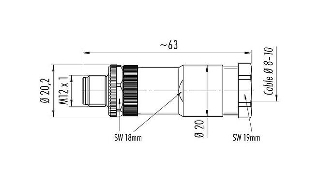 比例图 M12 直头针头电缆连接器, 极数: 4, 8.0-10.0mm, 非屏蔽, 螺钉接线, IP67, UL 2238, VDE, PG 11, 用于供电