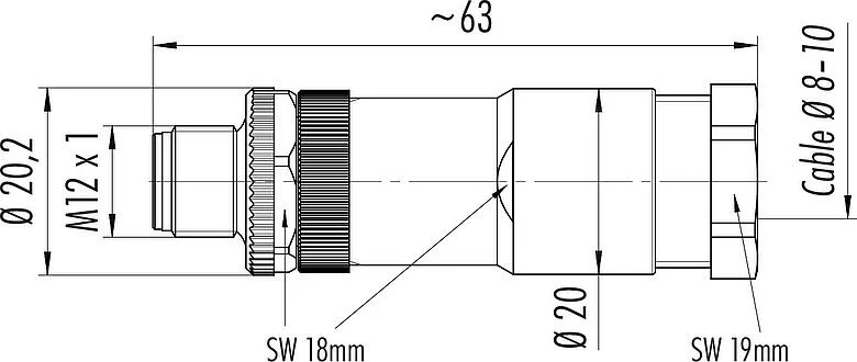 比例图 M12 直头针头电缆连接器, 极数: 4, 8.0-10.0mm, 非屏蔽, 螺钉接线, IP67, UL 2238, VDE, PG 11, 用于供电