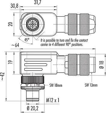 Scale drawing M12 Male angled connector, Contacts: 5, 5.0-8.0 mm, shieldable, screw clamp, IP67, UL 2238, iris spring